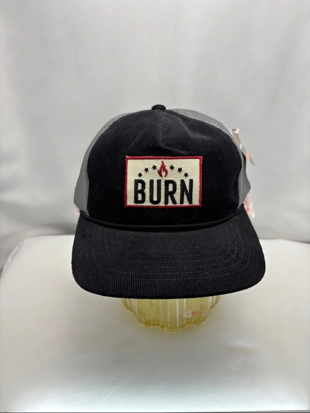 BURN Patch Trucker Hat - Black & Gray Corduroy and Mesh‎